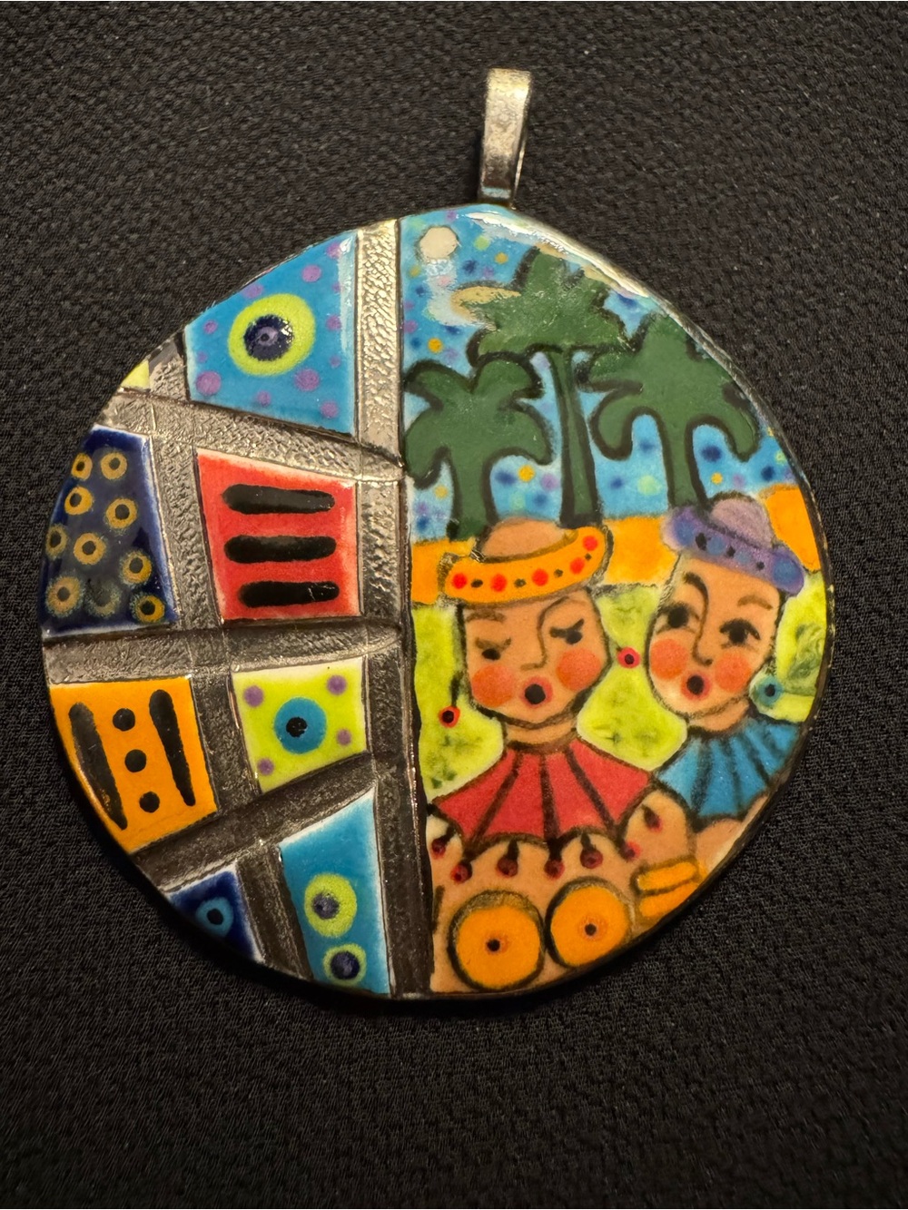 Large Handmade Ceramic Folk Art Pendant Colorful Mosaic Women Palm Trees